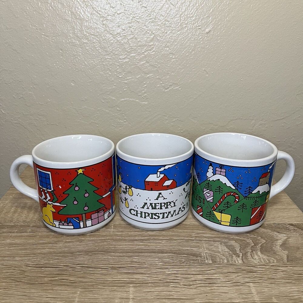 (Set Of 3) Alan Wood Happy Holidays Houze 1980 Mugs - Vintage Christmas Gift